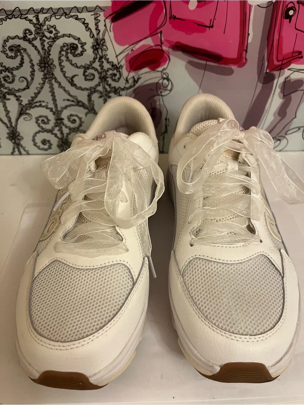 Ryka Women's White Mesh & Leather Sneakers with Champagne Gold Accents - 9.5W